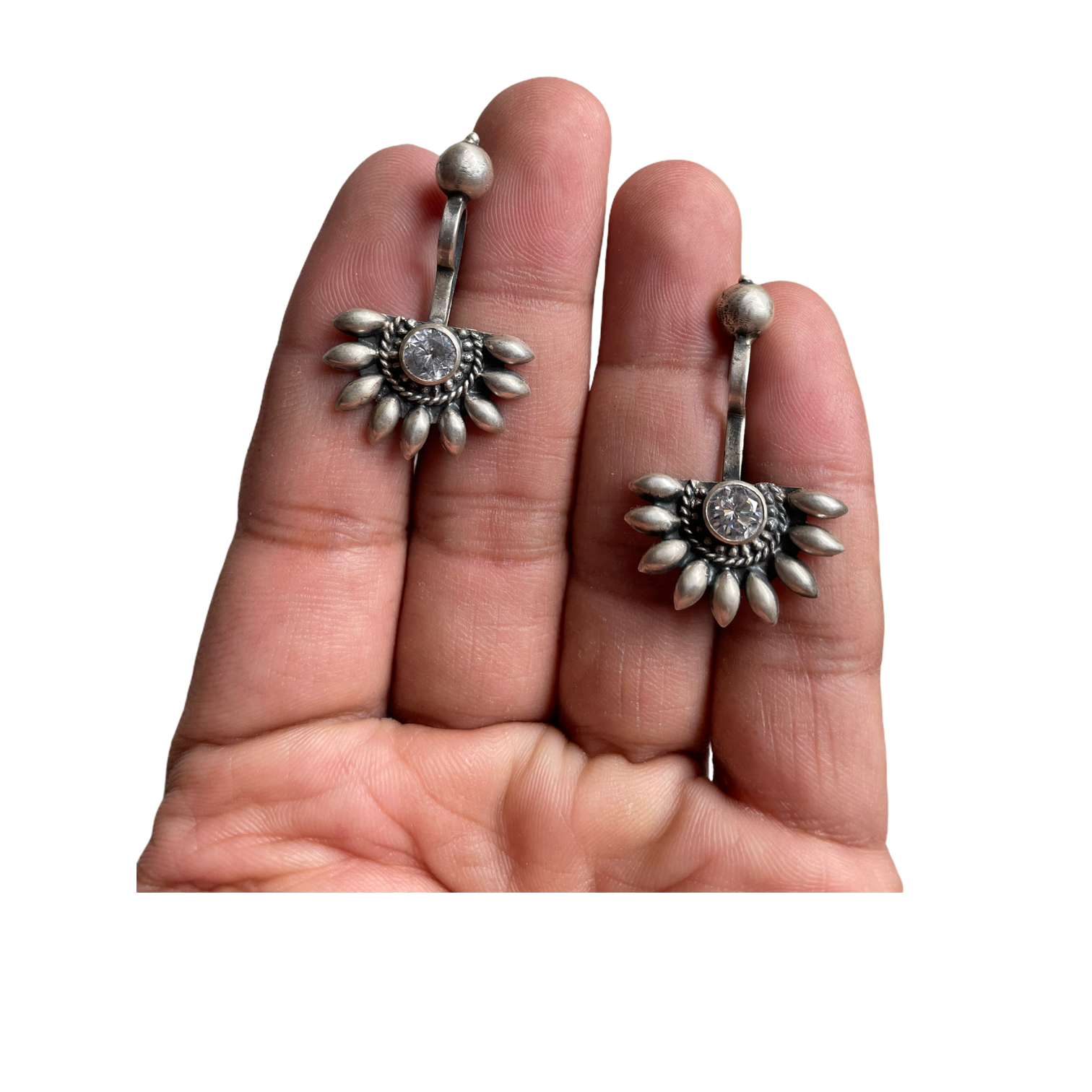 925 Sterling Silver Oxidised Designer Tribal Upper Ear Bugadi Clip Earrings for Women/Girls With White CZ