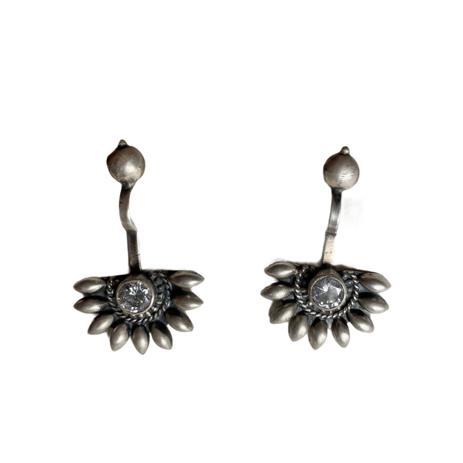925 Sterling Silver Oxidised Designer Tribal Upper Ear Bugadi Clip Earrings for Women/Girls With White CZ