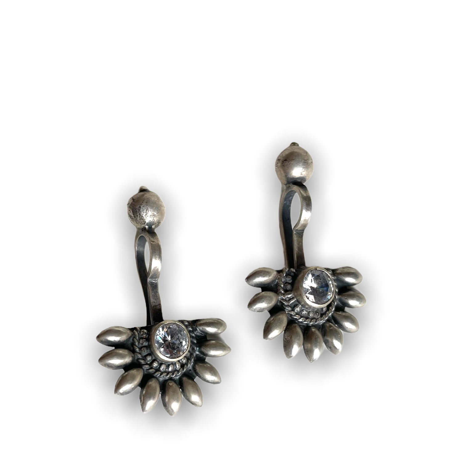 925 Sterling Silver Oxidised Designer Tribal Upper Ear Bugadi Clip Earrings for Women/Girls With White CZ