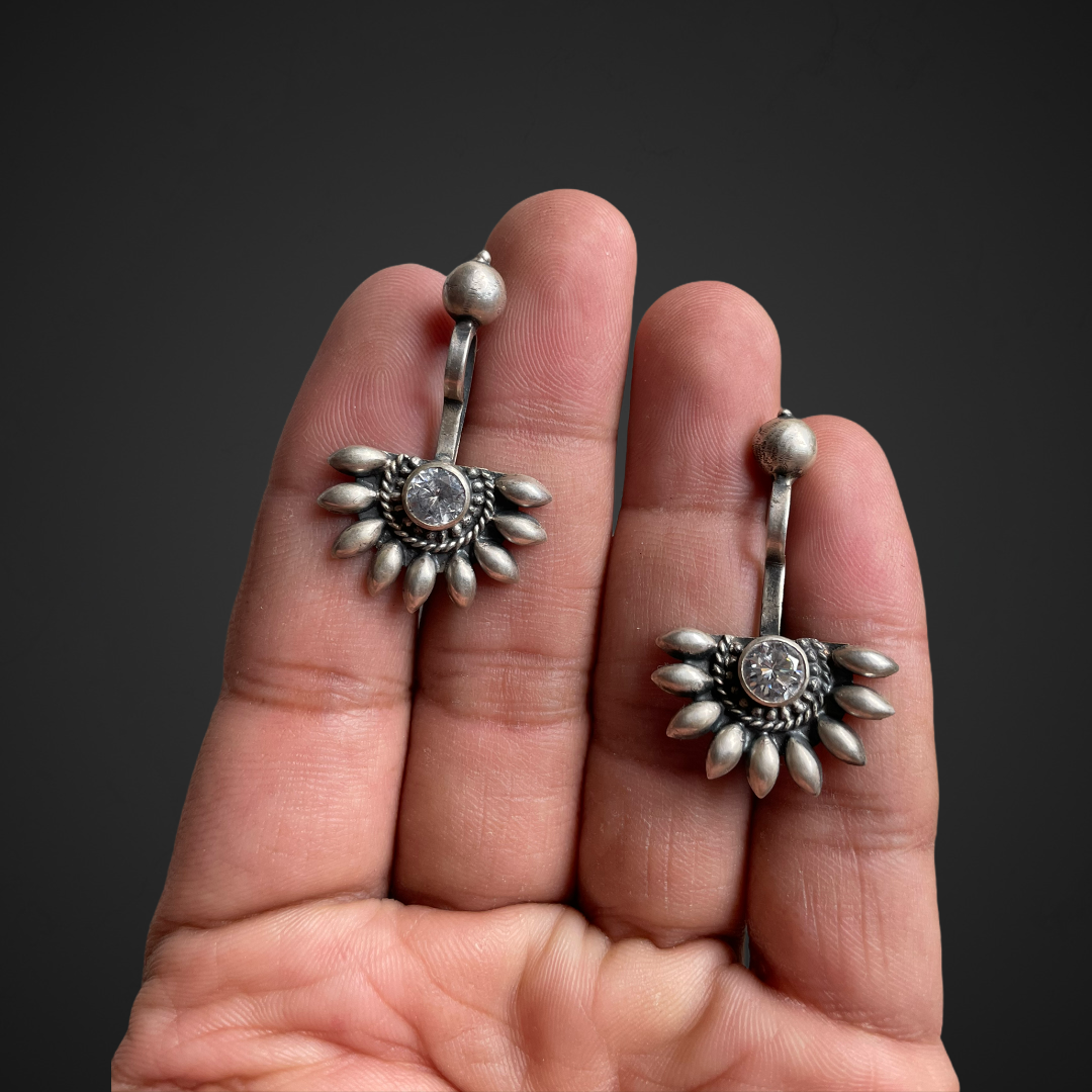 925 Sterling Silver Oxidised Designer Tribal Upper Ear Bugadi Clip Earrings for Women/Girls With White CZ