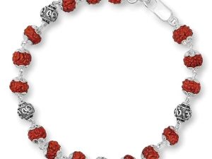 Sterling Handmade Dual Silver Wire Stylish Rudraksha Bracelet Silver Rakhi For Men (Brown, 6 Mm Natural Beads Om Silver Para)