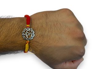 925 Sterling Silver Rakhi for brother Om Round Bracelet Raksha Bandhan Pure Cotton For Men, Boys, Kids Rakhi With Roli Chawal
