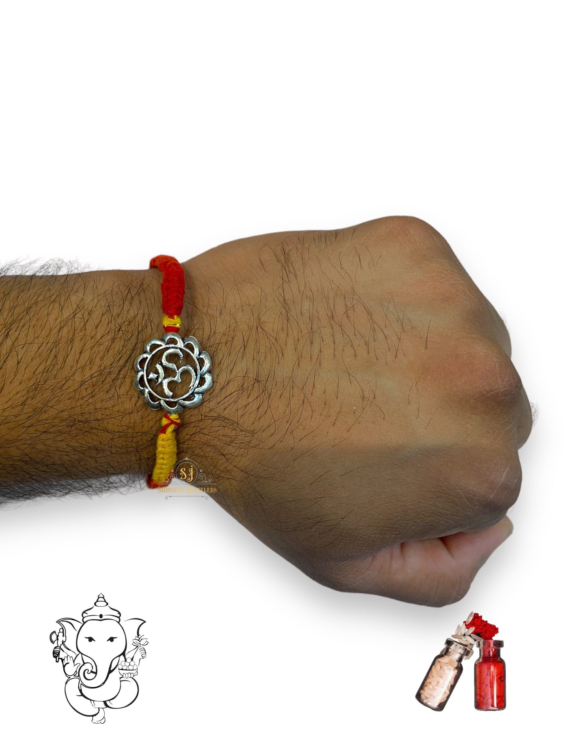 925 Sterling Silver Rakhi for brother Om Round Bracelet Raksha Bandhan Pure Cotton For Men, Boys, Kids Rakhi With Roli Chawal