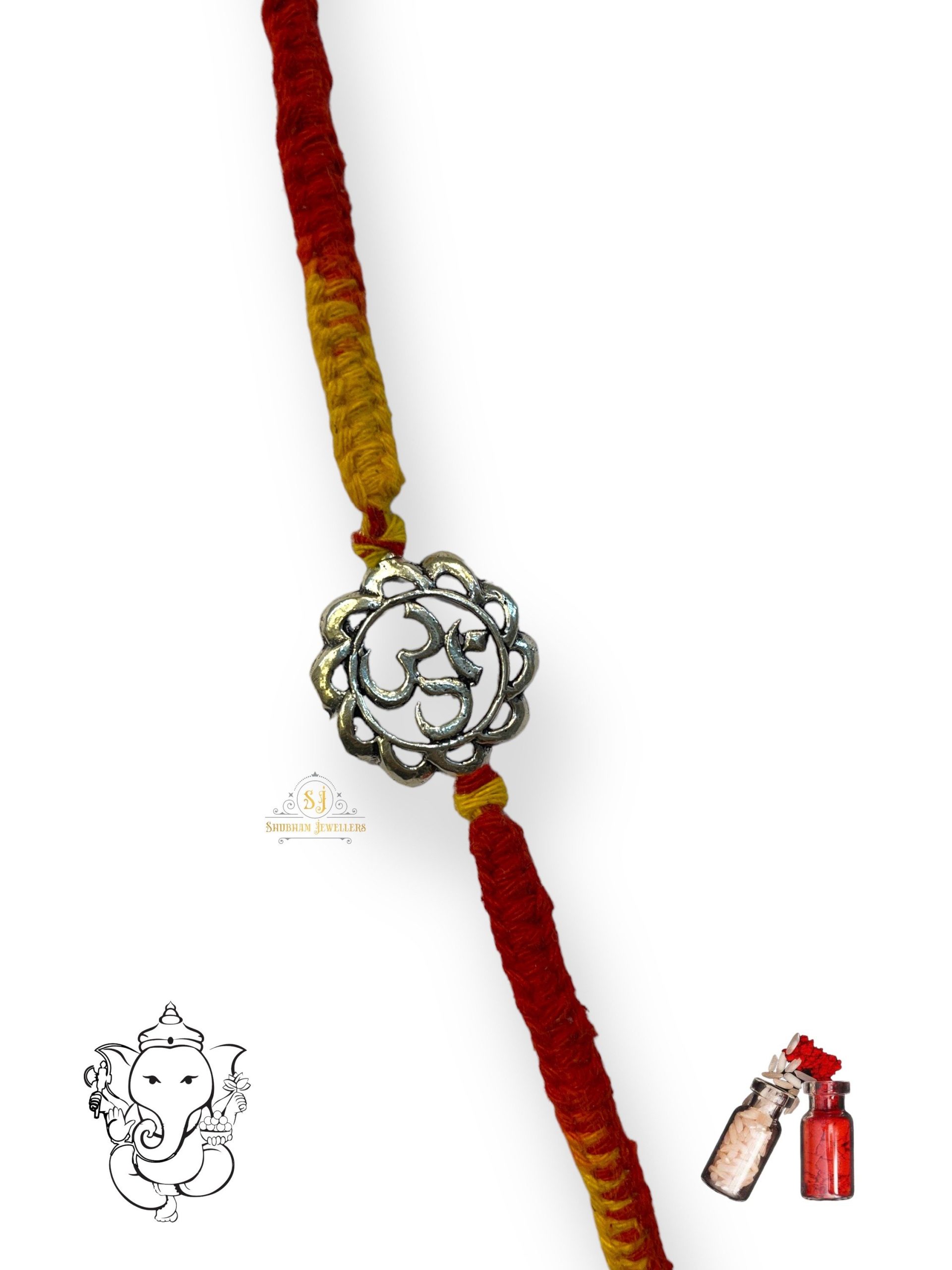 925 Sterling Silver Rakhi for brother Om Round Bracelet Raksha Bandhan Pure Cotton For Men, Boys, Kids Rakhi With Roli Chawal - Image 2