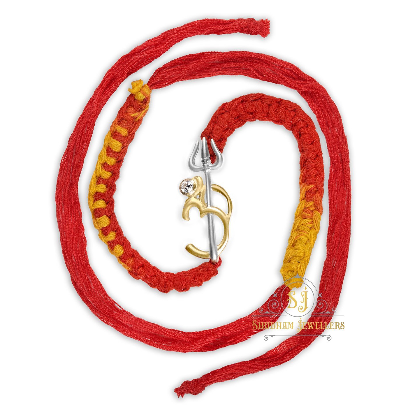 Shubham Jewellers Rehti 925 Sterling Silver Om Charm Bracelet with 24 Kt Gold Polished Trishool, pure Cotton thread for Men, Women, Boys and Girls (Dual Tone)
