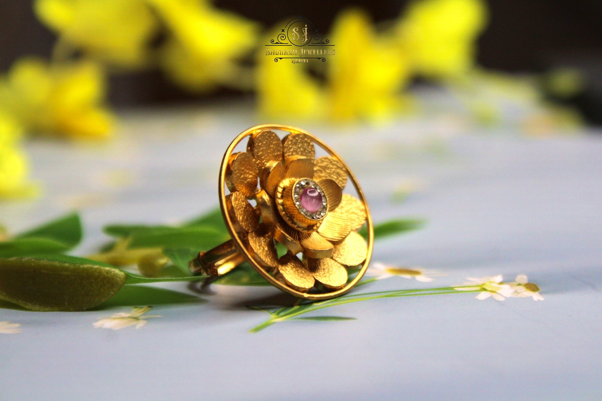 925 Silver Floral Statement Ring with Stone – Elegant Gold Finish Design | Jewelyaari
