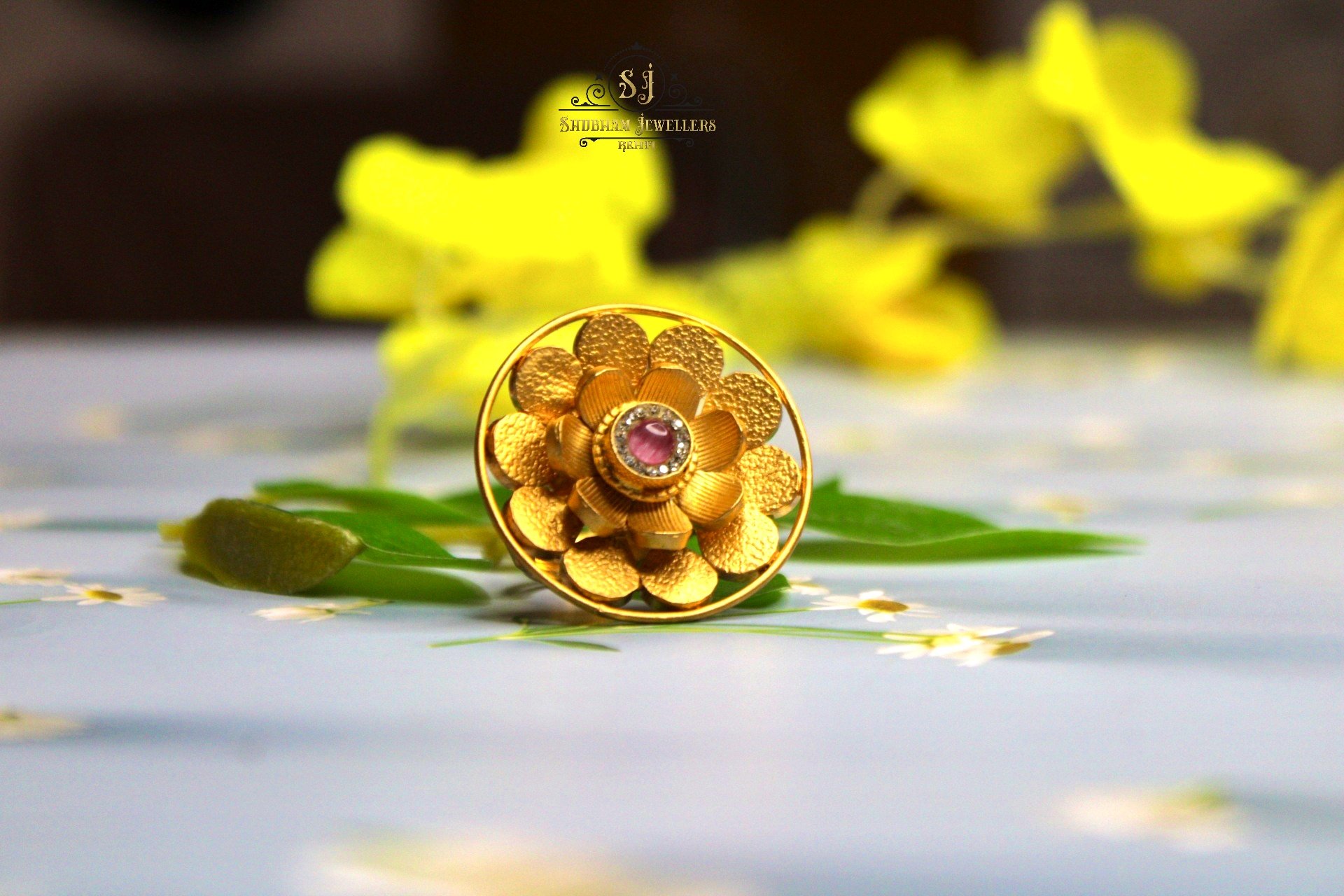 925 Silver Floral Statement Ring with Stone – Elegant Gold Finish Design | Jewelyaari - Image 5