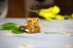 925 Silver Temple Square Ring with Green Stones – Antique Gold Finish Statement Design | Jewelyaari