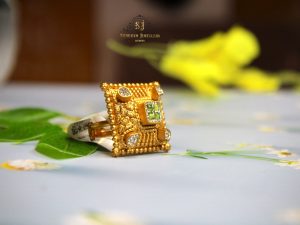 925 Silver Temple Square Ring with Green Stones – Antique Gold Finish Statement Design | Jewelyaari