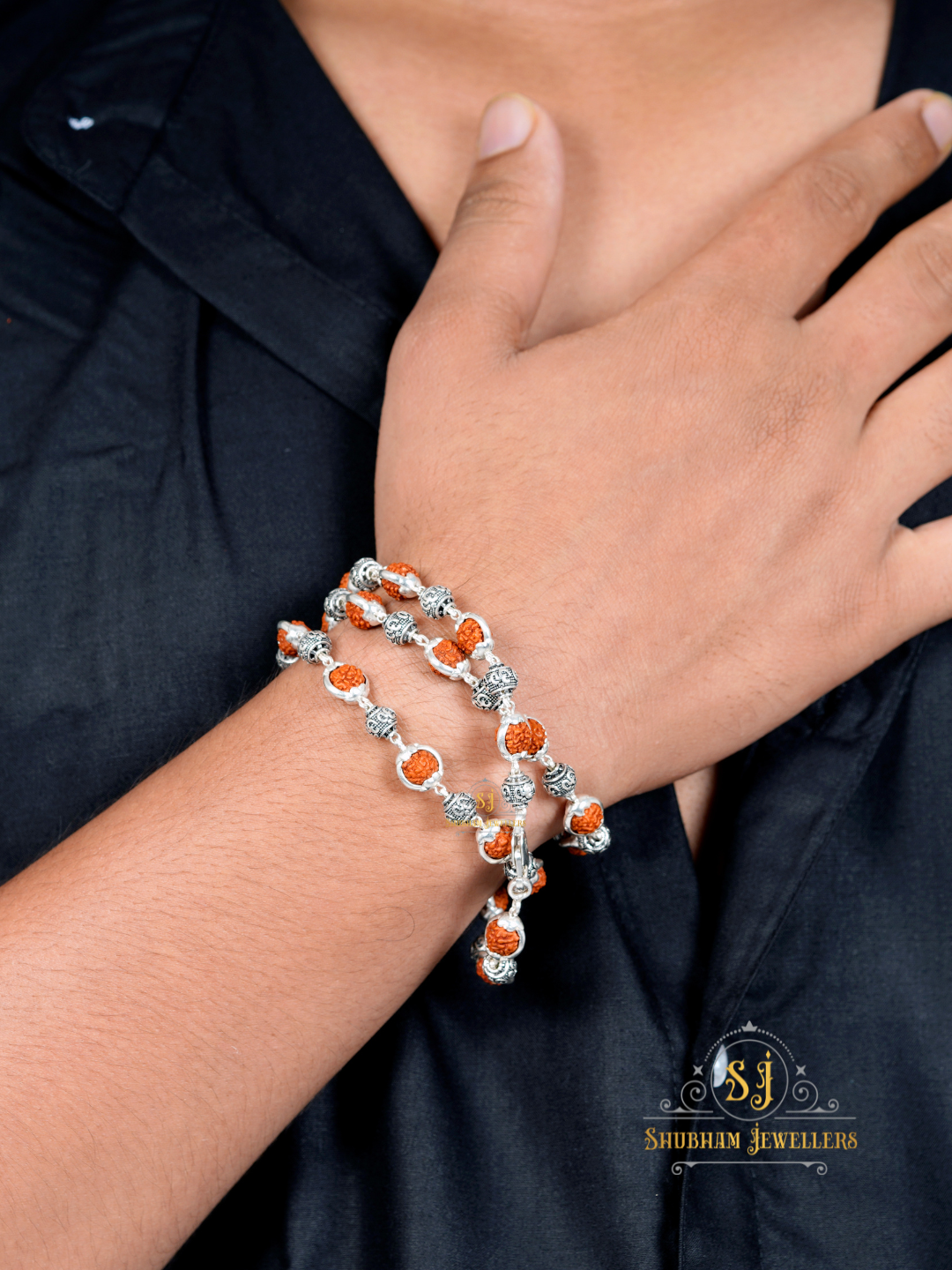 "JewelYaari Rudraksha Capping Silver Mala for Men - Single Line, 925 Silver, 5 Mukhi, 27 Rudraksha Beads and 27 Silver Beads, 24 Inch"