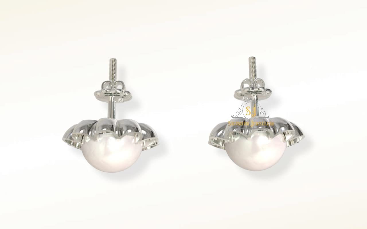 SJ SHUBHAM JEWELLERS™ 925 Sterling Silver Pearl Floral Shape Studs Tops Earrings For Women and Girls