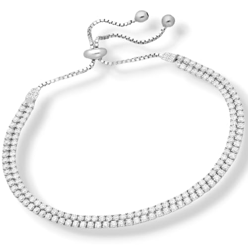SJ SHUBHAM JEWELLERS™ 925 Sterling Silver Classy Cubic Zirconia Single Line Silver White Rhodium Solitaire Tennis Adjustable Bolo Bracelet for Women and Girls (925 Pure Silver)