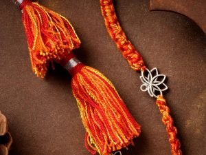"SJ SHUBHAM JEWELLERS 925 Sterling Silver Lotus Design Handmade Rakhi Set for Brother, Silver Rakhis, Raksha Bandhan Gift (Lumba Rakhi For Bhabhi)"