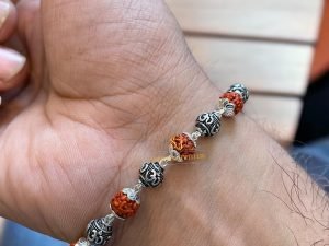 Silver Om Beads Rudraksha Bracelet 925 Sterling Silver Handmade Dual Wire Stylish Rudraksha Bracelet Silver Rakhi For Men (9 Silver Om and Ruraksha)