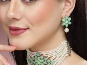 Karatcart Gold Plated Pearl Beaded Light Blue and Light Green Kundan Stone Choker Necklace Set