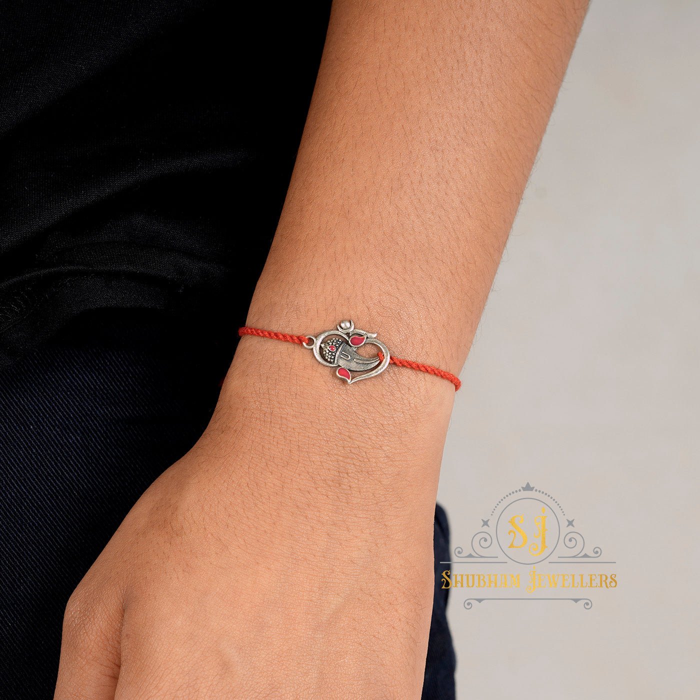 "Ganesha Silver Rakhi | 925 Sterling Silver Rakhi for brother, Rakhi For Men, Rakhi For Kids( Om Ganesha Meena Silver Rakhi )"