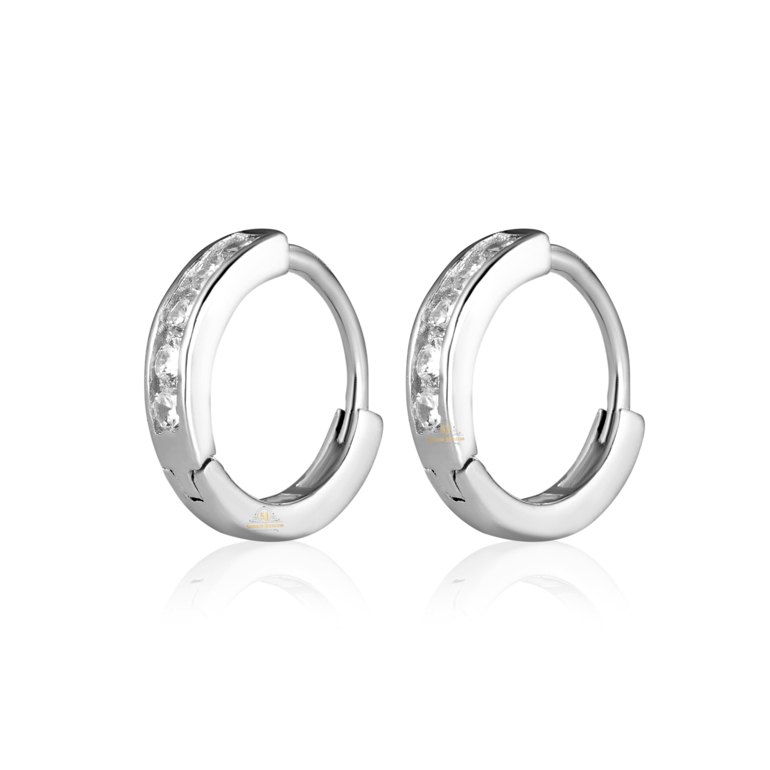 SJ SHUBHAM JEWELLERS 925 Sterling Silver Diamond CZ Hoop Earrings, Round Cut, 925 Purity, White Stones, Pair of Earrings, Silver Color For Women and Girls (10MM)