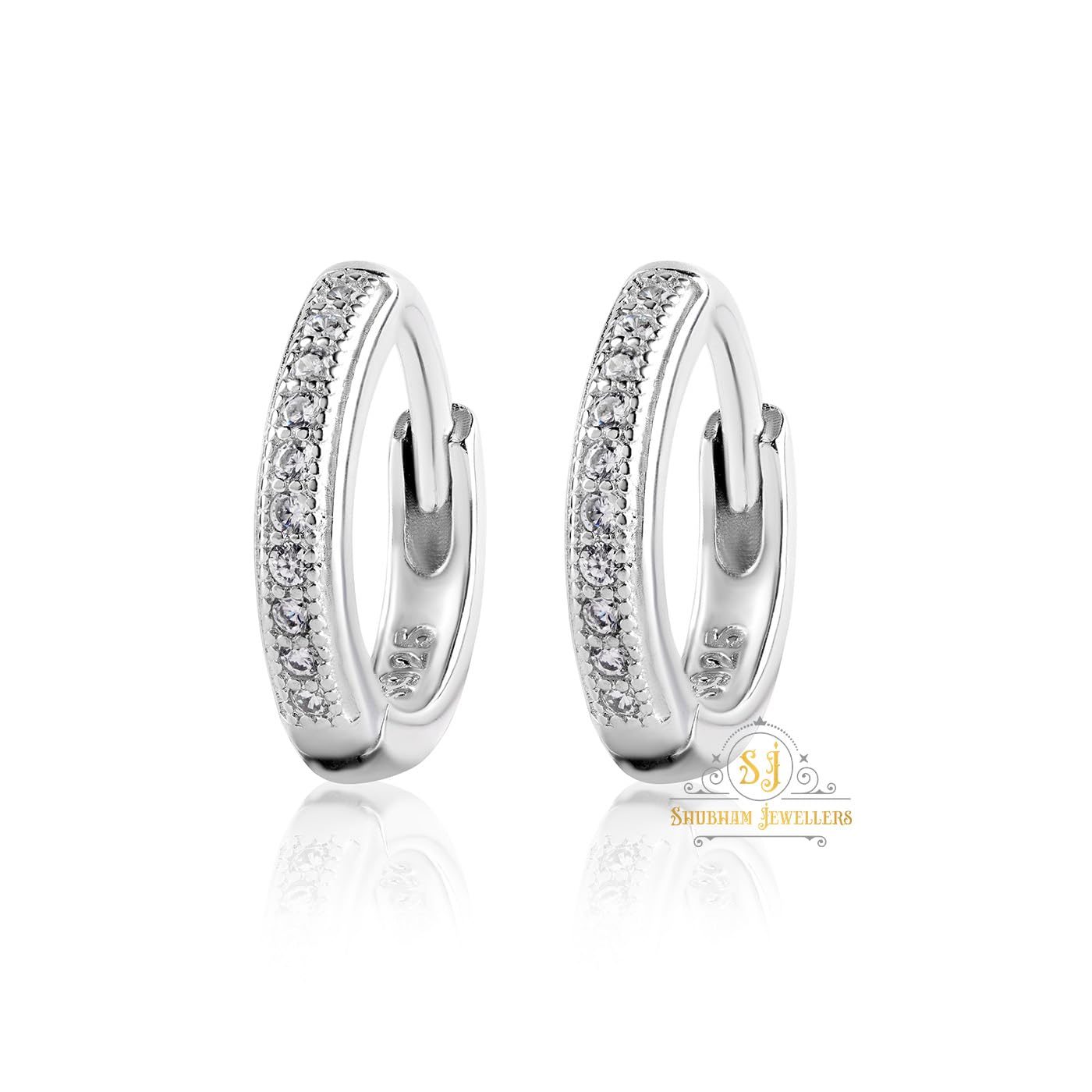 SJ SHUBHAM JEWELLERS 925 Sterling Silver Diamond CZ Hoop Earrings, Round Cut, 925 Purity, White Stones, Pair of Earrings, Silver Color For Women and Girls