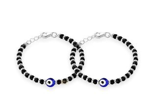 JewelYaari™ By Shubham Jewellers 925 Sterling Pure Silver (Chandi) Evil Eye Black Beads Crystal Nazariya Bangle/Bracelet For Kids (Pair)