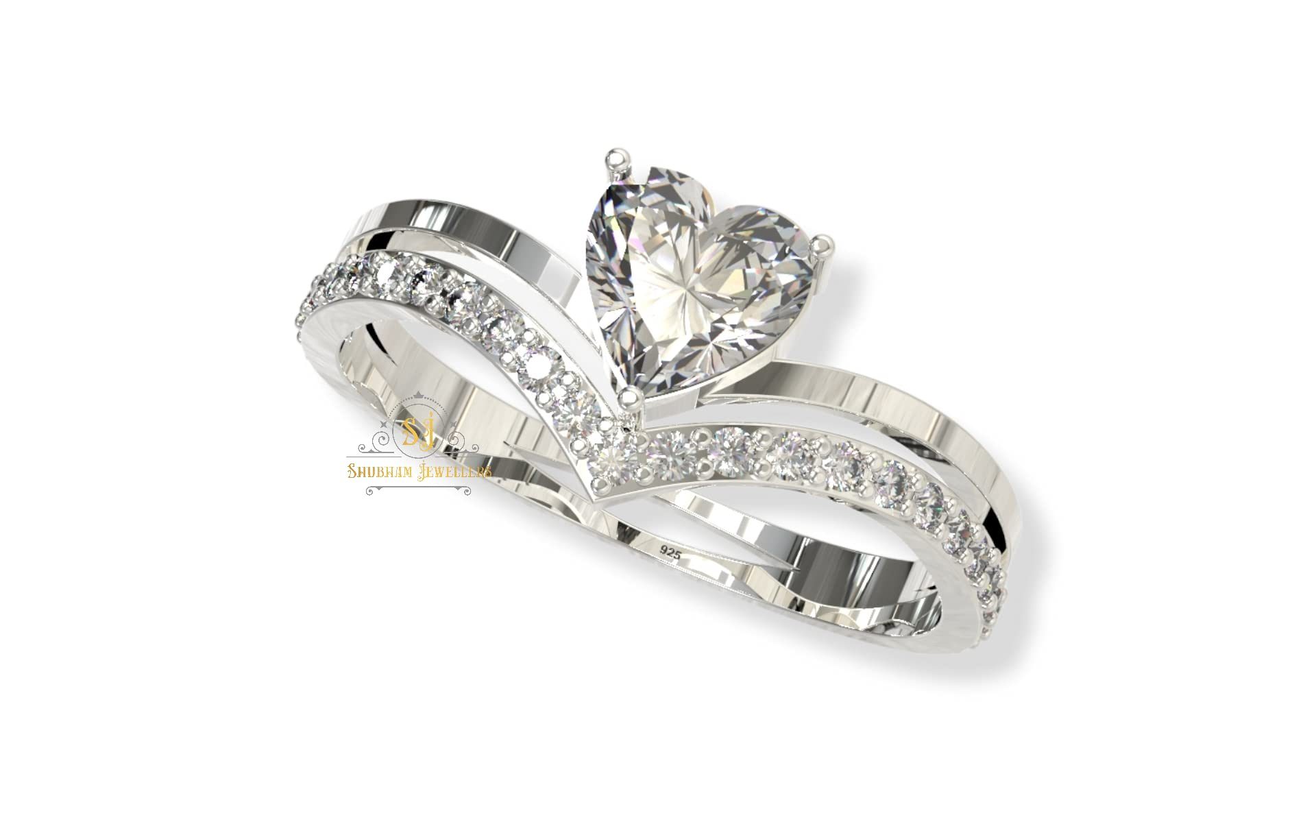 SJ SHUBHAM JEWELLERS™ 925 Sterling Silver Line Heart Design Adjustable Finger Ring with White CZ diamond for Women and Girls, Anniversary Gift for Wife, Valentine