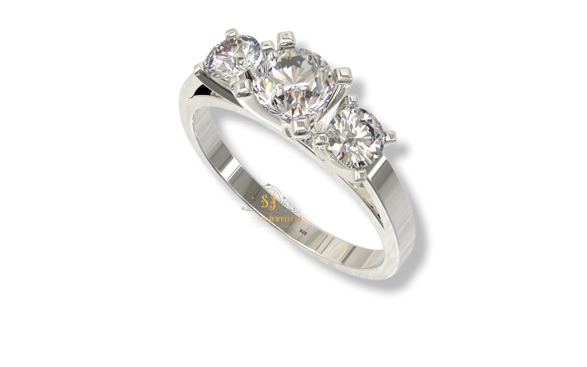 SJ SHUBHAM JEWELLERS™ 925 Sterling Silver Three Briliant Cut Design Adjustable Finger Ring with White CZ diamond for Women and Girls, Anniversary Gift for Wife , Valentine