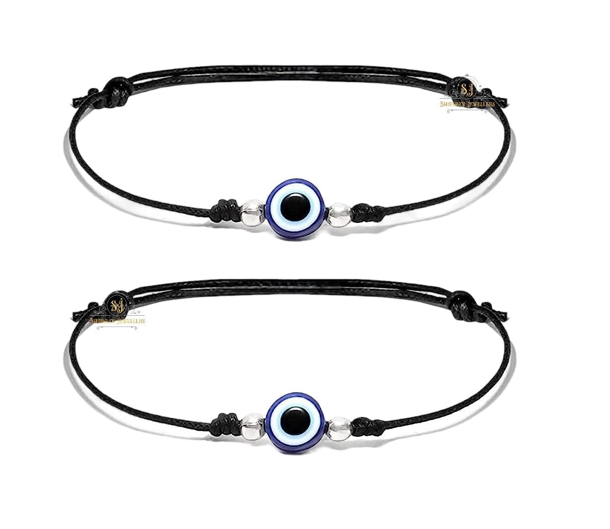 SJ SHUBHAM JEWELLERS™ Sterling Silver 100% Authentic Adjustable Ball Black Cord with Evil Eye Nazar Anklet for Women & Girls (Anklet / Bracelet) (Anklet Pair)