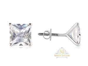 SJ SHUBHAM JEWELLERS™ 925-92.5 Sterling Silver Princess Cut Real Cubic Zirconia Fashion Stud Earrings For Men,Women,Children,Boys and Girls (4.0)