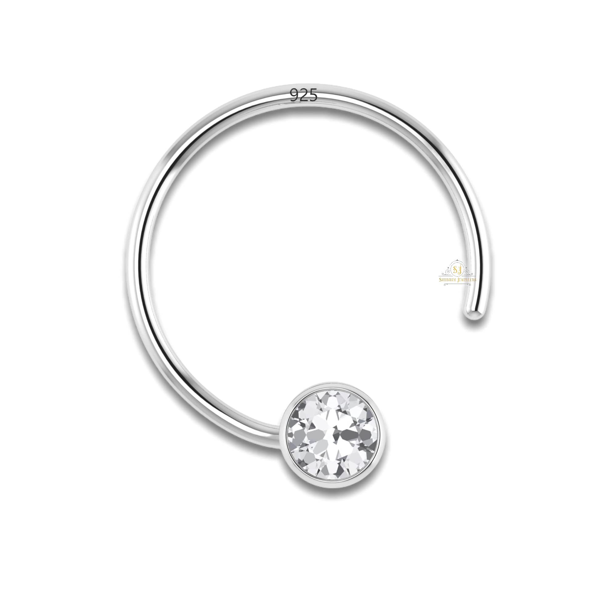 SJ SHUBHAM JEWELLERS™ 92.5-925 Sterling Silver Round Shape White Cubic Zirconia Cup Setting Nose Pin Stud for Women Girls Size 2mm(Bezel Setting)