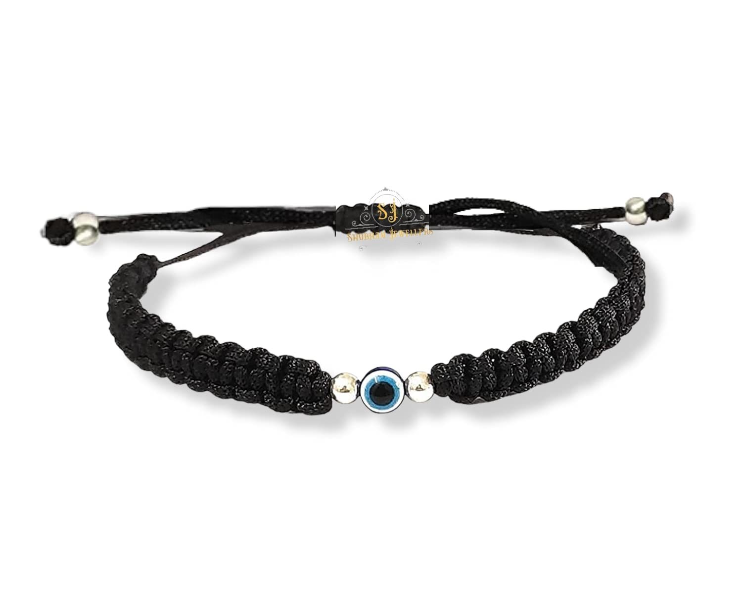 SJ SHUBHAM JEWELLERS™ 100% Authentic Sterling Silver Adjustable Ball Black Cord with Evil Eye Nazar Anklet for Women & Girls (Anklet) (Bracelet One Piece)