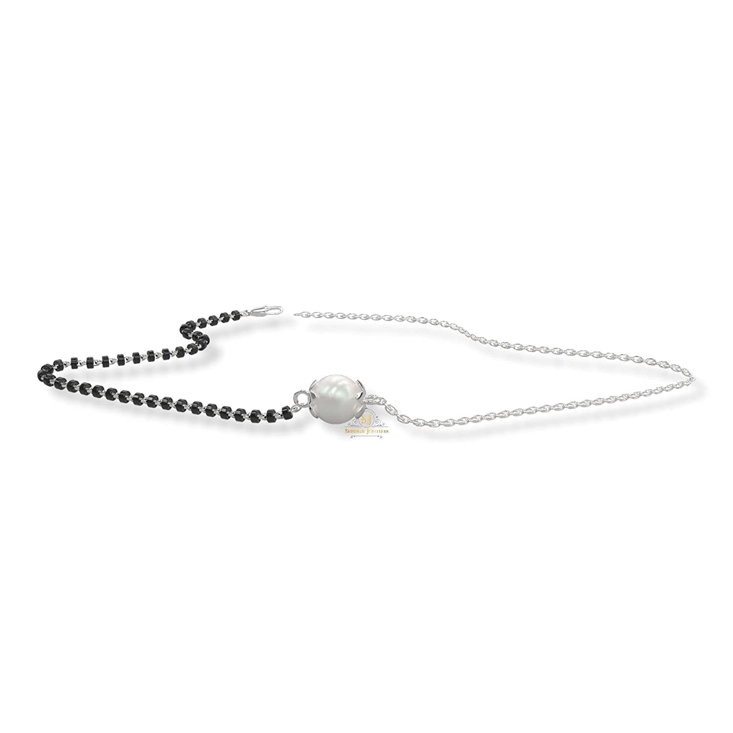 SJ SHUBHAM JEWELLERS™ 925 Sterling Silver Mangalsutra with Pearl & Black Beeds Crystal Chain for Women Studded Mangalsutra Necklace (Fusion)