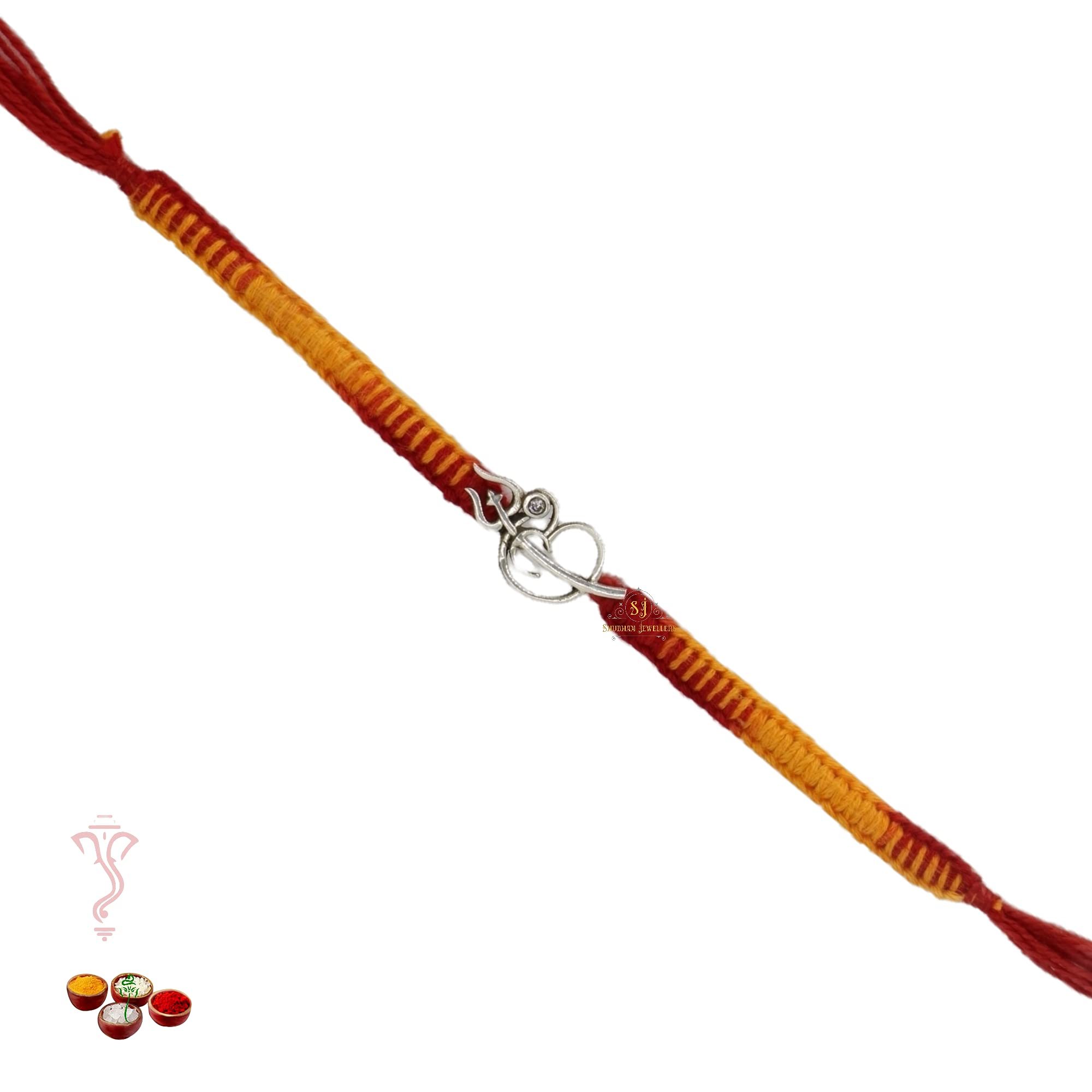 SJ Shubham Jewellers 925 Sterling Silver Om Trishul (Curved) Rakhi for Brother | Charm Bracelet with Roli Chawal | Raksha Bandhan Gift for Men & Boys