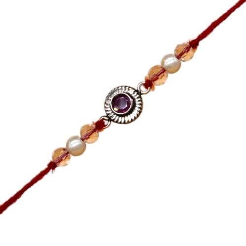 SJ Shubham Jewellers 925 Sterling Silver Pink (Round) Rakhi for Brother | Charm Bracelet with Roli Chawal | Raksha Bandhan Gift for Men & Boys