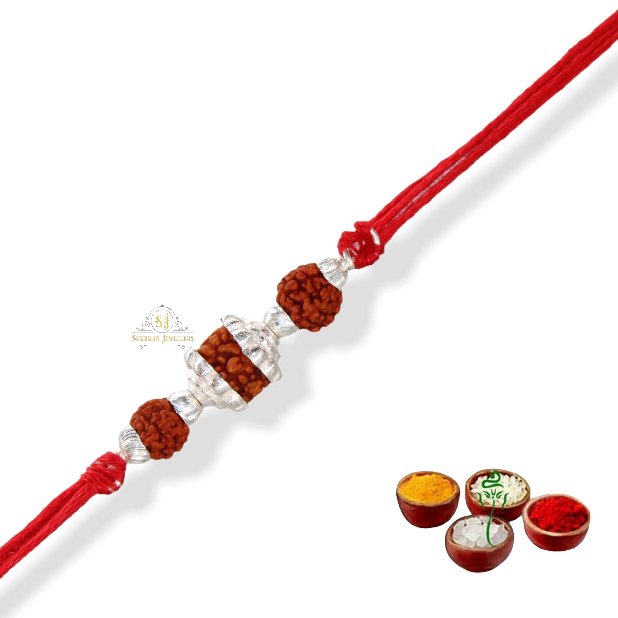 SJ Shubham Jewellers 925 Sterling Silver Rudraksha (Three Bead Chain) Rakhi for Brother | Charm Bracelet with Roli Chawal | Raksha Bandhan Gift for Men & Boys