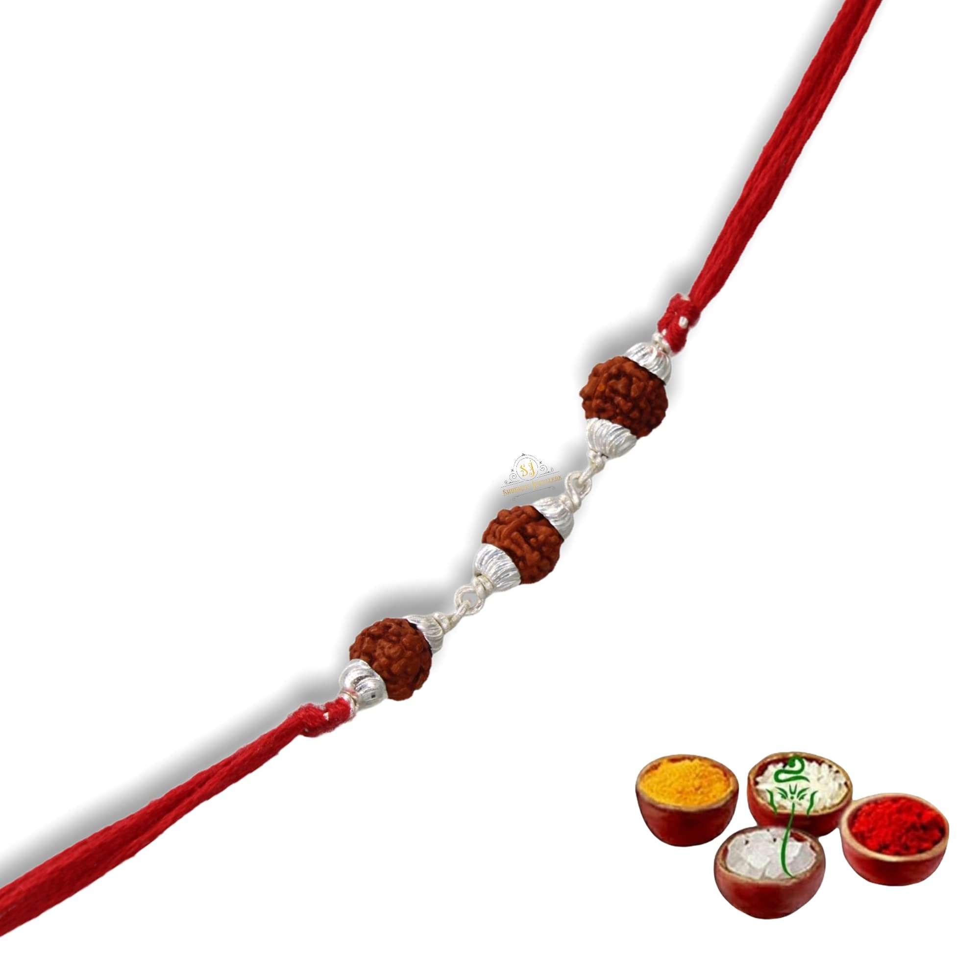 SJ Shubham Jewellers 925 Sterling Silver Rudraksha (Three Bead) Rakhi for Brother | Charm Bracelet with Roli Chawal | Raksha Bandhan Gift for Men & Boys