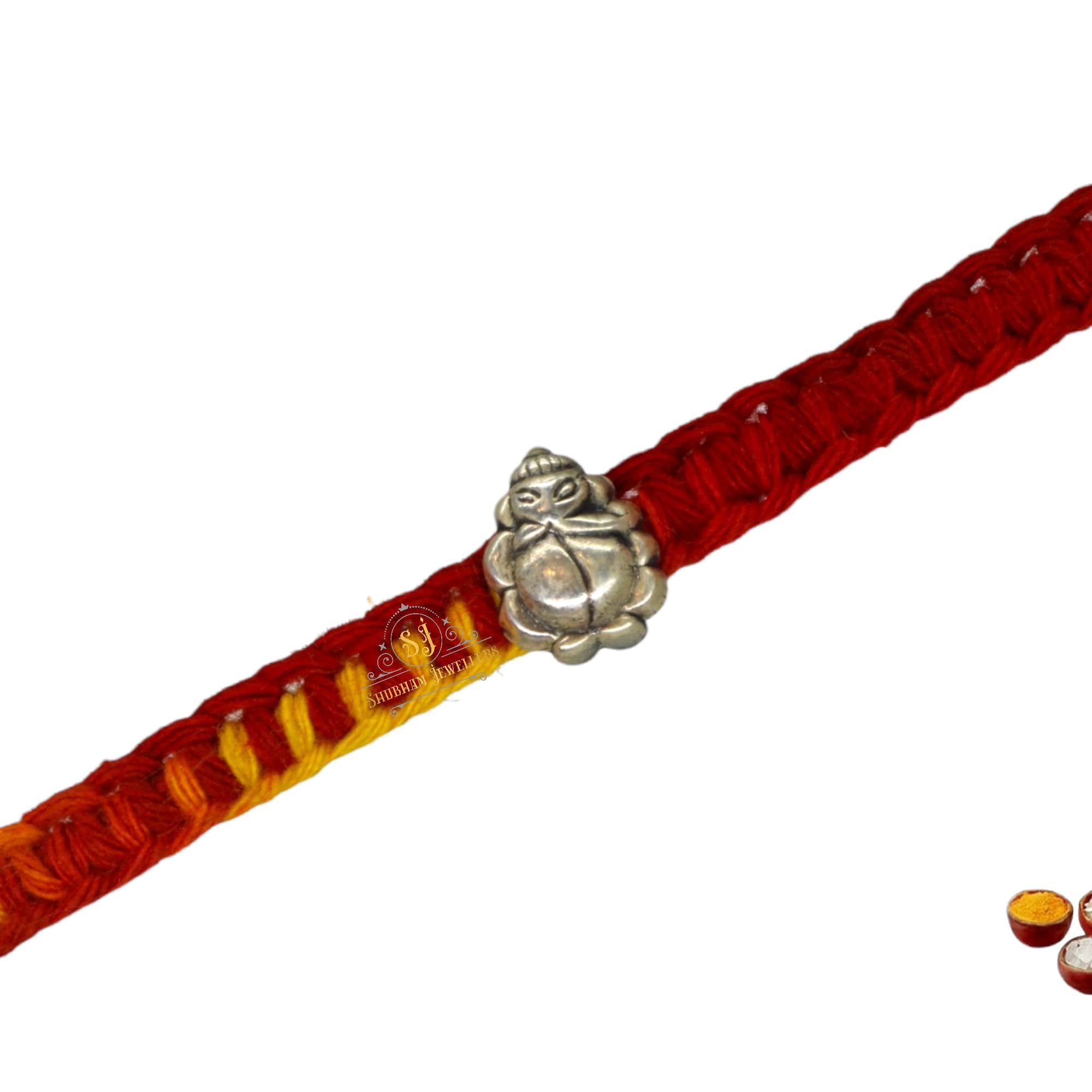 SJ Shubham Jewellers 925 Sterling Silver Small Ganesha Rakhi for Brother | Charm Bracelet with Roli Chawal | Raksha Bandhan Gift for Men & Boys