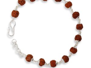 SJ SHUBHAM JEWELLERS™ 925 Sterling Silver Handmade Dual Wire Stylish Rudraksha Bracelet Silver Rakhi For Men (Brown, 6 Mm Natural Beads Om Silver Para) (Plain Rudraksha)