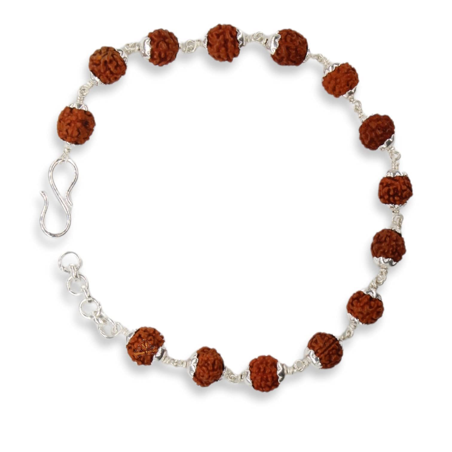 SJ SHUBHAM JEWELLERS™ 925 Sterling Silver Handmade Dual Wire Stylish Rudraksha Bracelet Silver Rakhi For Men (Brown, 6 Mm Natural Beads Om Silver Para) (Plain Rudraksha)