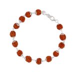 SJ SHUBHAM JEWELLERS™ 925 Sterling Silver Handmade Dual Wire Stylish Rudraksha Bracelet Silver Rakhi For Men (Brown, 6 Mm Natural Beads Om Silver Para) (5 Mukhi Rudraksha)