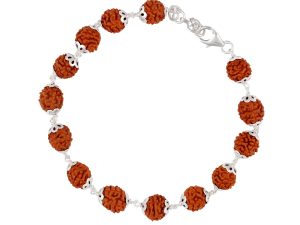 SJ SHUBHAM JEWELLERS™ 925 Sterling Silver Handmade Dual Wire Stylish Rudraksha Bracelet Silver Rakhi For Men (Brown, 6 Mm Natural Beads Om Silver Para) (5 Mukhi Rudraksha)