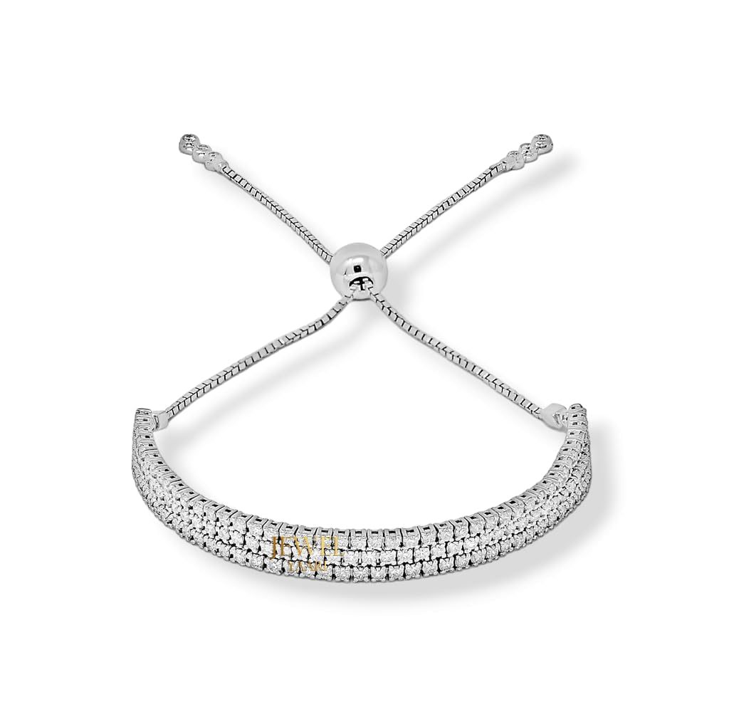 SJ SHUBHAM JEWELLERS™ 925 Sterling Silver Classy Cubic Zirconia Single Line Silver White Rhodium Solitaire Tennis Adjustable Bolo Bracelet for Women and Girls (925 Pure Silver) (Three Row)