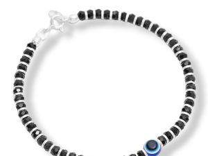 JewelYaari Silver Nazariya for Women with Black Crystals Black, 7-inch, 92.5% Pure Stering Silver Bracelet for Women (One Evil Eye)