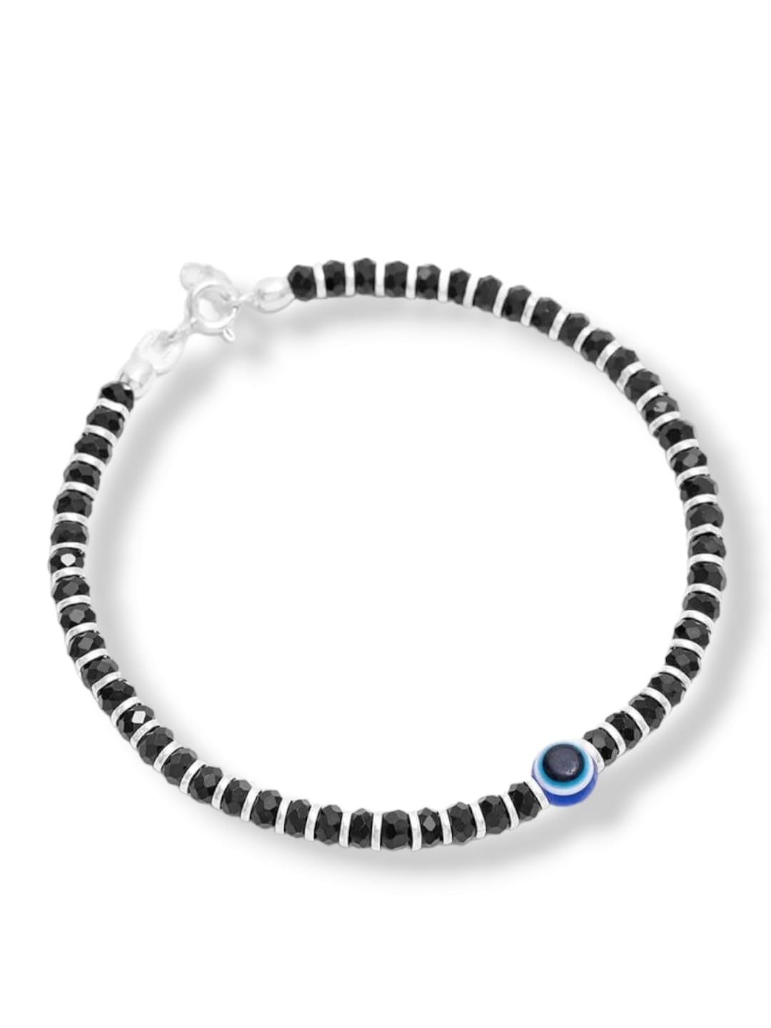JewelYaari Silver Nazariya for Women with Black Crystals Black, 7-inch, 92.5% Pure Stering Silver Bracelet for Women (One Evil Eye)