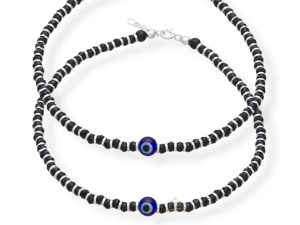 JewelYaari Silver Nazariya for Women with Black Crystals Black, 7-inch, 92.5% Pure Stering Silver Bracelet for Women (Evil Eye Pair)