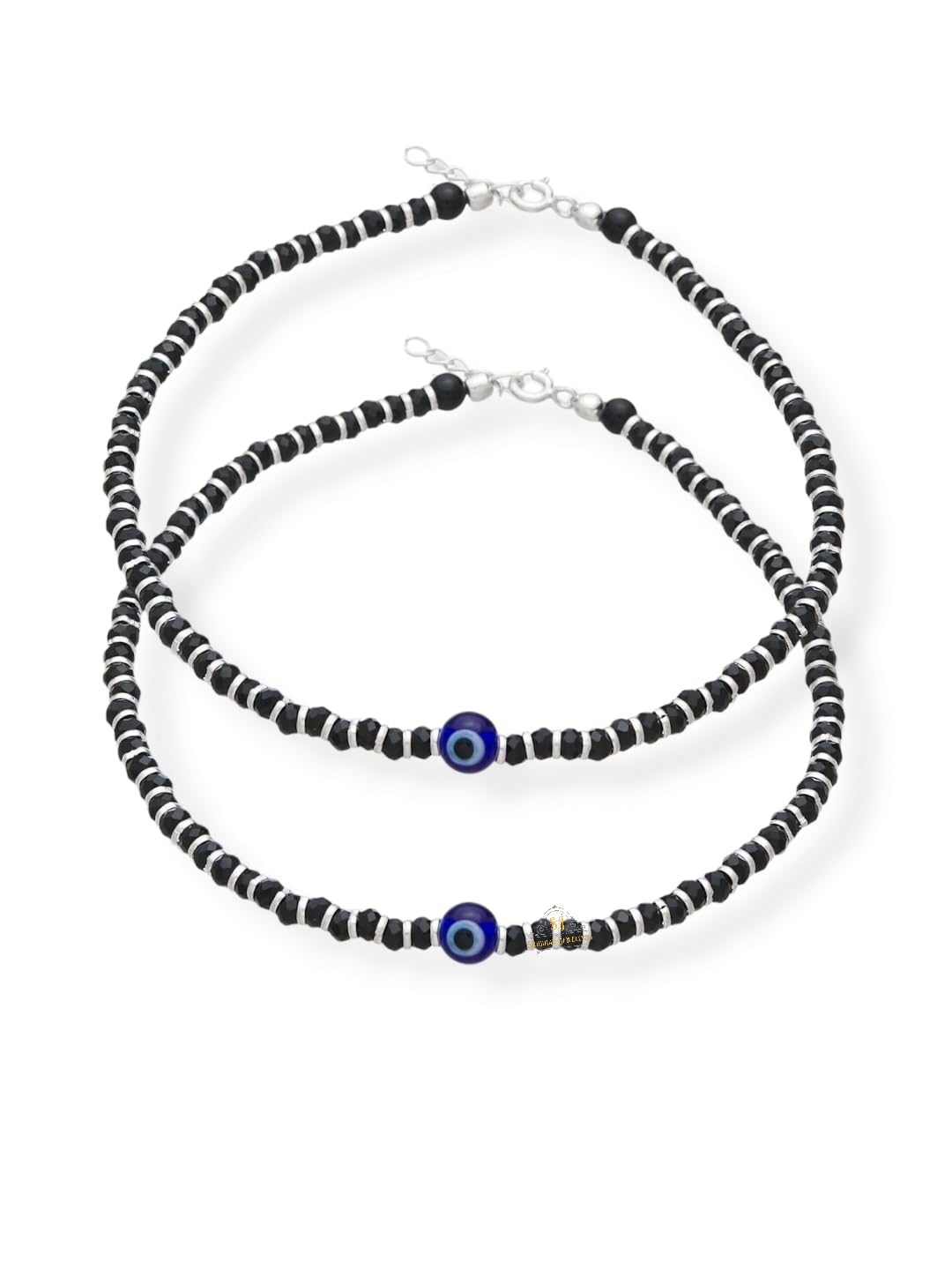 JewelYaari Silver Nazariya for Women with Black Crystals Black, 7-inch, 92.5% Pure Stering Silver Bracelet for Women (Evil Eye Pair)
